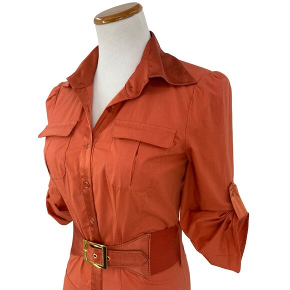 Vintage Y2K Bebe Rust Orange Belted Mini Shirt Dress w/Pockets & Satin Trim S - Picture 8 of 16